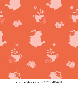 Vector Red Vintage Teacup and Teapot Seamless Pattern. Perfect for fabric, scrapbooking, wallpaper projects.