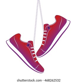 Vector red and violet sneakers hanging on the wall. Illustration of a  pair of sport footwear