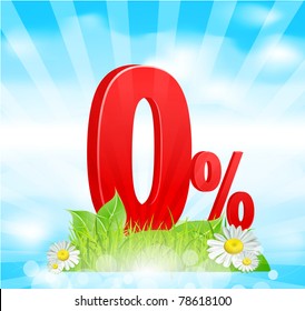 Vector red volume figure "zero percent" standing in the grass against the blue sky
