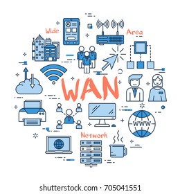 Vector red WAN word with blue linear icons on white background. Round web banner. Concept of wide area network, internet connection and computer using