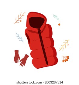 Vector red warm sleeveless vest and leather gloves in cartoon style. Autumn clothing, isolated on a white background