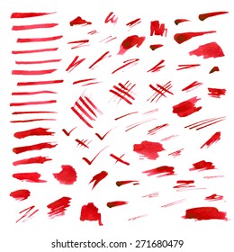 Vector red watercolor brush strokes. Various scribbles and stains isolated on white background.