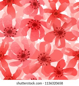 Vector red watercolor print: seamless pattern with flowers. Digital artwork for fabrics, wallpapers, wrapping paper and greeting cards. Floral bloom background