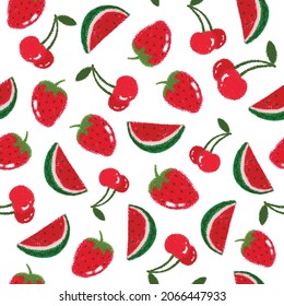 vector red watermelon, cherry, and strawberry seamless pattern on white background for textile, wallpapers, prints and web design