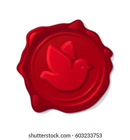 vector red wax seal convex post pigeon isolated on transparent background. Elegant old stamp-waxseal-signature-postmark-mark for envelope-letter-document-certificate-check. Hand drawn design element
