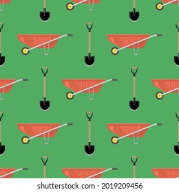 Vector Red Wheelbarrow and Garden Shovel Isolated on Green Background. Seamless Pattern.
