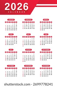Vector Rojo Y Blanco 2026 Año Calendario Plantilla Imprimible