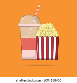 Vector red and white bag with popcorn and disposable red glass with lid and straw on orange background