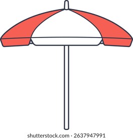 Vector red and white beach umbrella perfect for summer, vacation, and beach-related content.