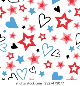 Vector Red White and Blue Hearts and Stars Seamless Pattern Background. Perfect for fabric, scrapbooking, wallpaper projects and paper products.