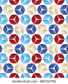Vector Red White and Blue Seamless Abstract 3D Square Background with Cubes Arranged in Hexagon Pattern with Gradients