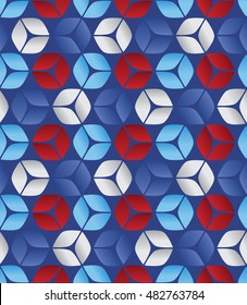 Vector Red White and Blue Seamless Abstract 3D Square Background with Cubes Arranged in Hexagon Pattern with Gradients