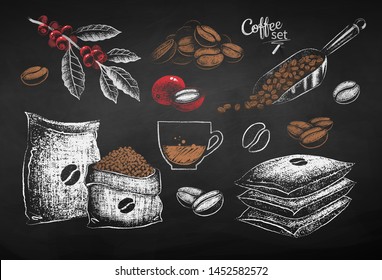 Vector red, white and brown chalk drawn set of illustrations of coffee beans, sack and leaves on chalkboard background.