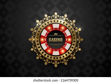 Vector red white casino poker chip with luminous light elements and golden crown wreath frame. Black silk geometric card suits background. Blackjack or online casino web banner, logo or icon