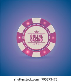 Vector red white casino poker chip with luminous light elements. Purple retro effect background. Poker club text, blackjack or online casino banner, eps 10