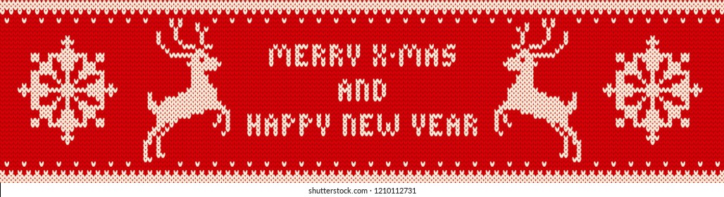 Vector red and white Christmas knitted banner with deers, ornament, snowflakes