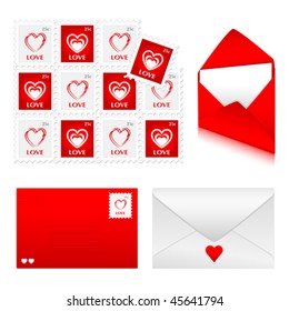 Vector red and white envelopes with love stamps. JPG and TIFF versions of this image are also available in my portfolio.