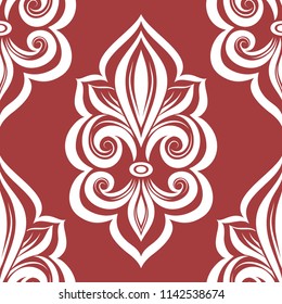 Vector red and white fleur de lis seamless pattern. Vintage royal , heraldic lilly. Ornament. Turkish, Indian motifs. Great for fabric and textile, flyer, banner, business cards, wallpaper, packaging