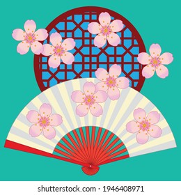 ventilador plegable vectorial rojo y blanco con flor de cerezo 