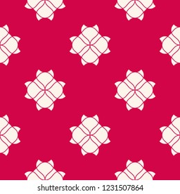 Vector red and white geometric floral seamless pattern. Abstract background with simple flowers, petals, leaves, curved shapes. Elegant repeat ornament texture. Oriental style design for decor, fabric