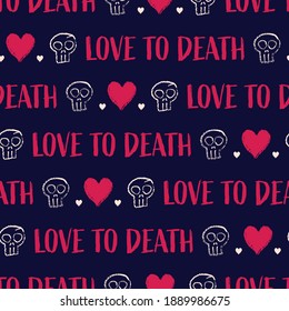 Vector red white heart skull dark seamless pattern