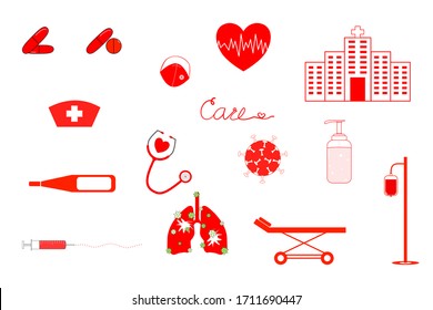 Vector - Red and white hospital icon isolated on white background. Sign or symbol. Simple style.