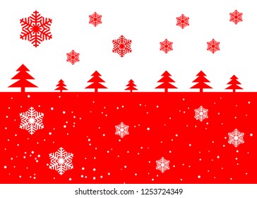 Vector red and white original Christmas illustration with snow and Christmas trees. New year holiday background.