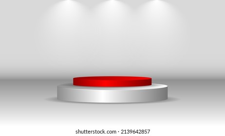 vector of red and white podium, spotlights with bright white light shining, suitable for product promotion
