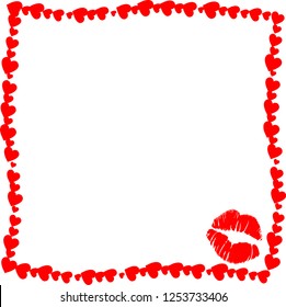 Vector red and white retro vintage border photo frame of hearts with kiss mark silhouette in corner. template with copy space for Valentine day or marriage invitation, scrapbook element, framework