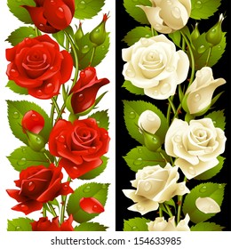 Vector Red And White Rose Vertical Seamless Pattern Isolated On Background