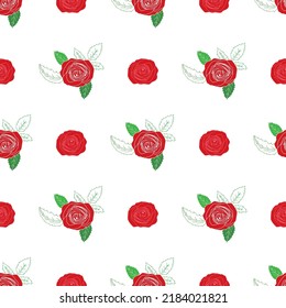 Vector red, white roses, with green leafs, stripes seamless background. Excellent for fabric, scrapbooking, wallpaper projects, backgrounds, invitations, design projects. Surface pattern design.