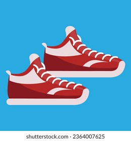 Vector of Red and White sneakers illustration, isolated on blue background. Basketball shoe linear silhouette. Sneaker shop logo. Man sport footwear. 