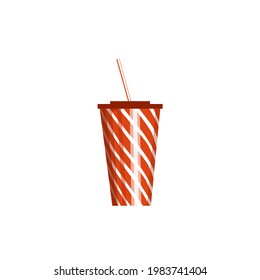 Vector red and white striped soda cup with straw isolated on white background
