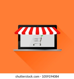 Vector Red White Tent. Open Laptop with Striped Awning Icon Isolated on Orange Background. Online Shopping