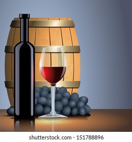 Vector red wine, bottle, glass and old barrel