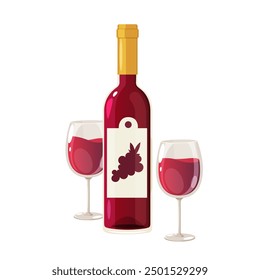 Vector red wine bottle with glasses full of wine isolated on a white background.