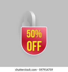 Vector red wobbler mockup set with transparent strip and grey background. Sale message template for your hanging shelf tag design.