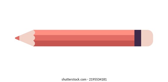 Vector red wooden pencil with rubber eraser. Sharpened detailed office mockup, school instrument, creativity, idea, education and design symbol. Isolated illustration, white background.