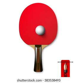 Vector red wooden table tennis racket with ball for ping pong