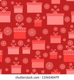 Vector Red Wrapping Christmas Seamless Paper with Different Boxes and Snowflakes for Gift.