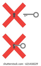 Vector red x marks with keyholes and grey key unlocking.