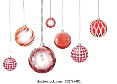 Vector red xmas background abstract. Christmas ball snow ornaments set isolated. Christmas decoration with xmas lights and bokeh. New year red decoration background. 