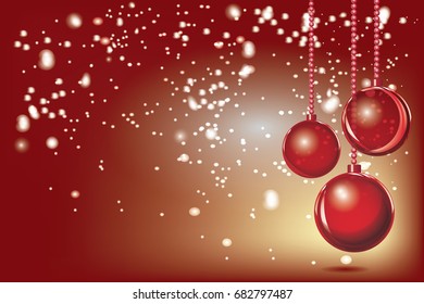 Vector red xmas background abstract. Christmas ball snow ornaments set isolated. Christmas decoration with xmas lights and bokeh. New year red decoration background. 