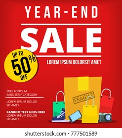 vector red year end sale banner background template with shopping stuff illustration and sale discount ribbon and text space