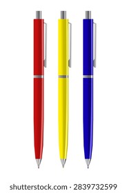 Vector of a red, yellow and blue pens in transparent background. The is suitable for a logo design.