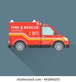 vector red yellow color flat design fire department rescue emergency vehicle illustration isolated background
