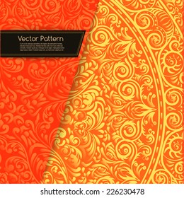 Vector red yellow  pattern in Victorian style. Element for design. Ornamental backdrop. yellow floral ornament on red-orange background. Ornate decor for invitations, menu, interior design. 