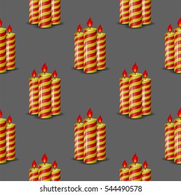 Vector Red Yellow Wax Candles Seamless Pattern Isolated on Grey Background. Burning Candles Set.