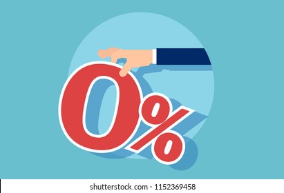 Vector of a red zero percent offered by businessman, isolated on blue background.