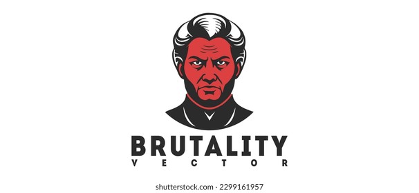 Vector red-black portrait of a rude brutal man. Logo, sticker or emblem. White isolated background. Lettering, brutality.